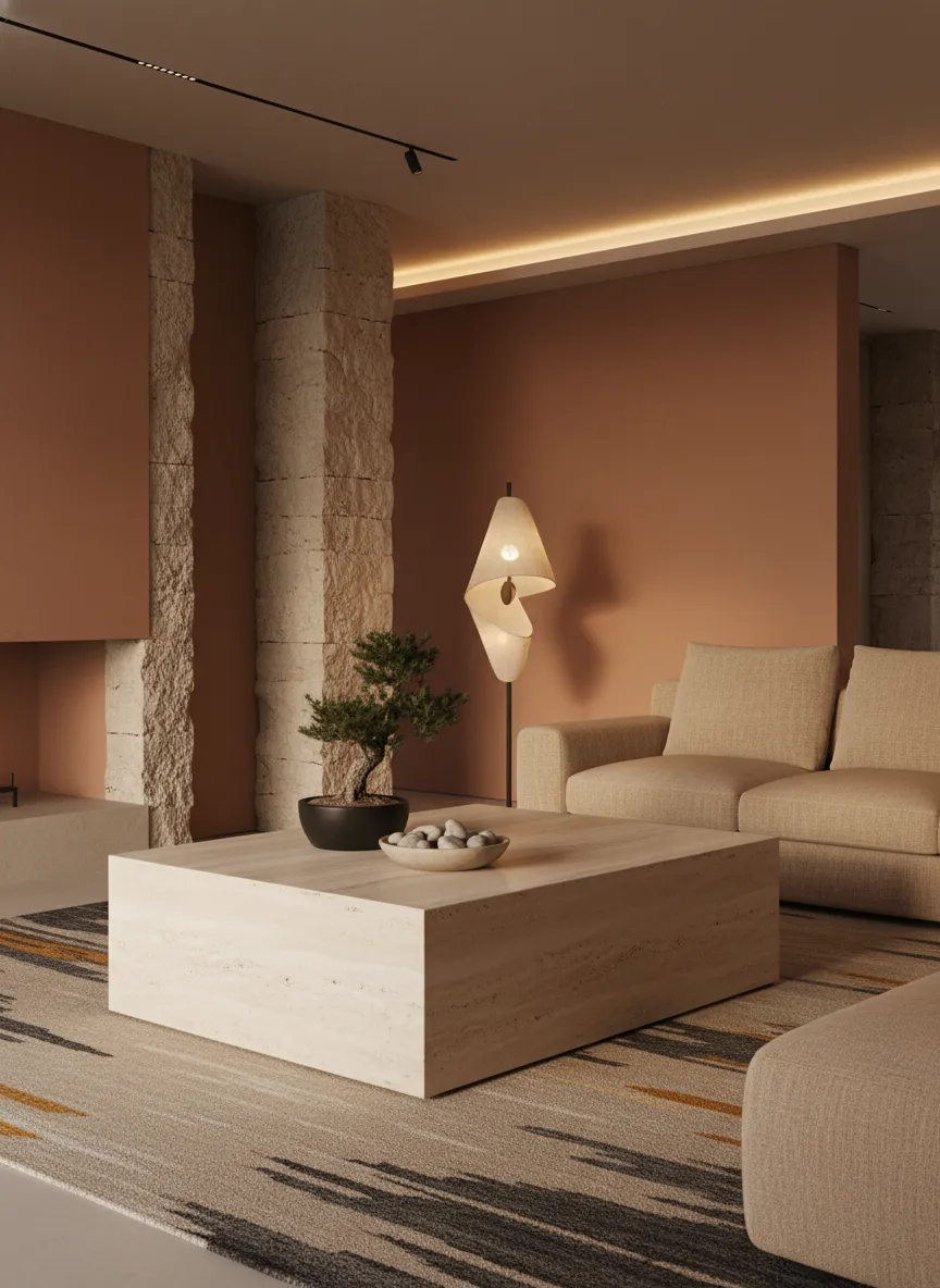 Stone accents in a modern earthy living room