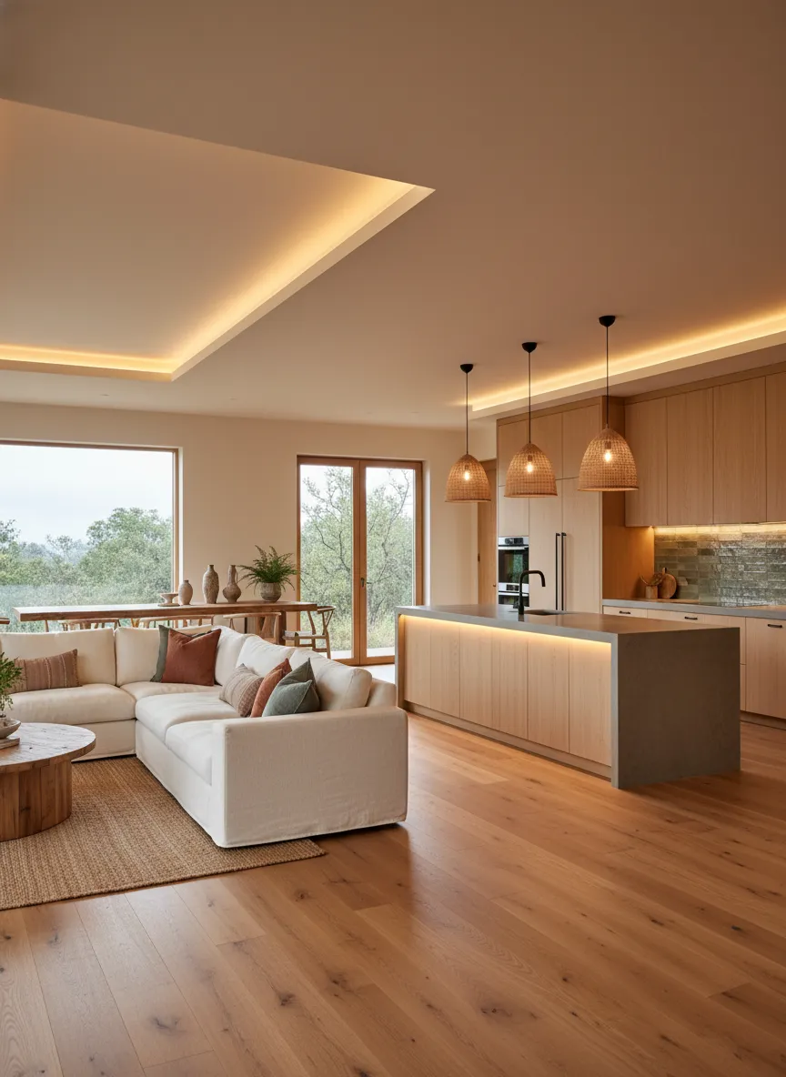 Open concept modern earthy living room layout