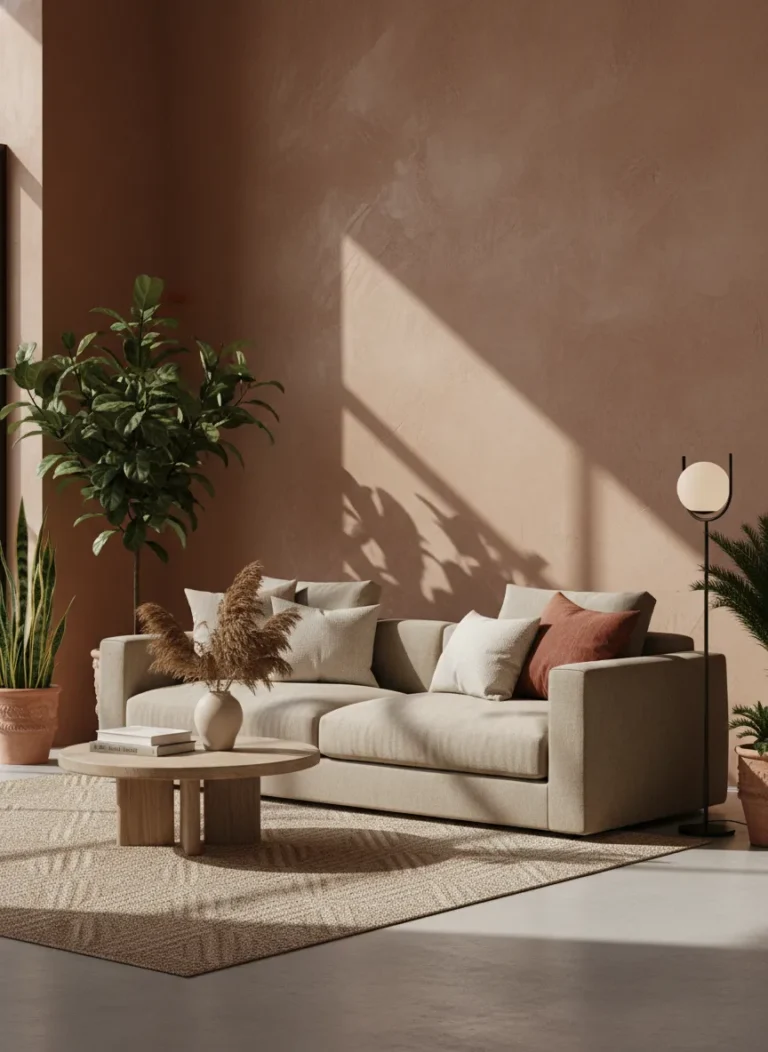 Modern earthy living room featuring terracotta walls and linen sofa
