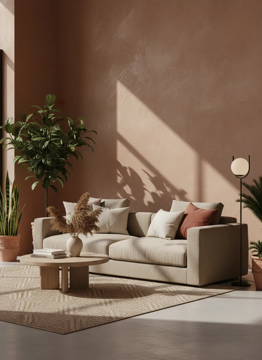 Modern earthy living room featuring terracotta walls and linen sofa