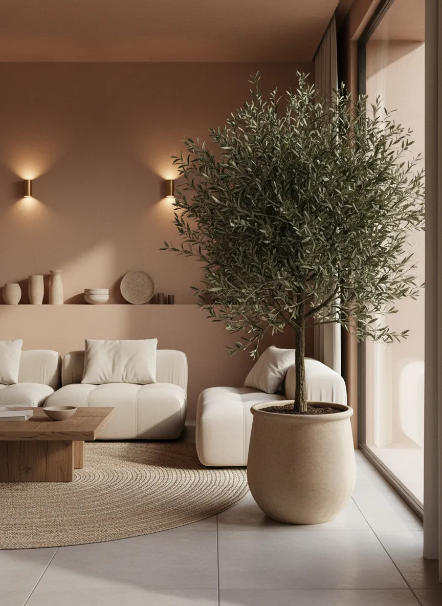 Indoor greenery in a modern earthy living room