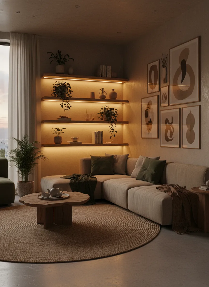 Warm LED lighting in a modern earthy living room