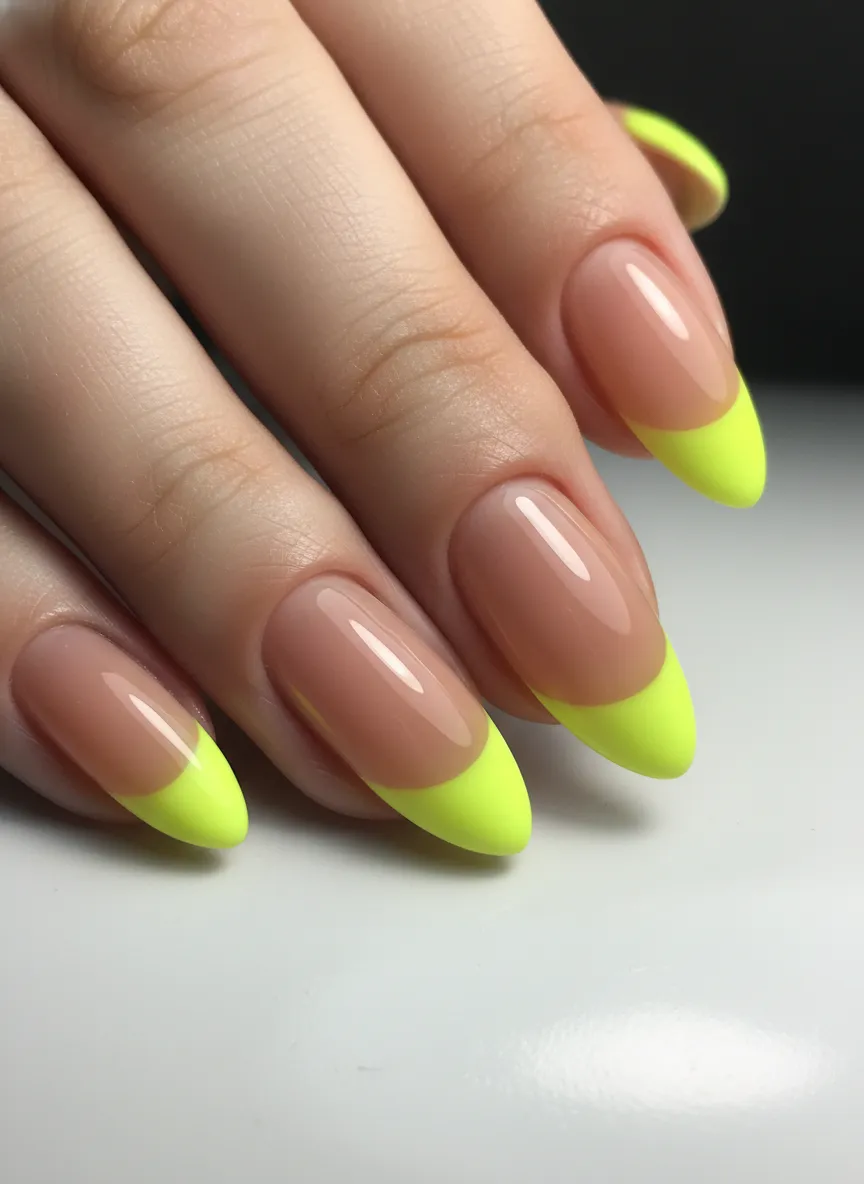 Elegant Neon Yellow Nails with French tip design