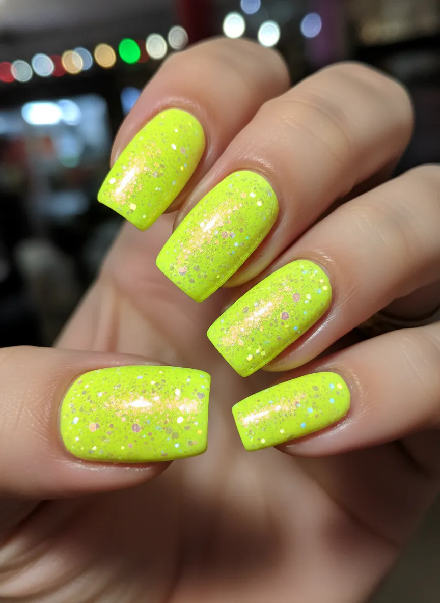 Glittery and glowing Neon Yellow Nails