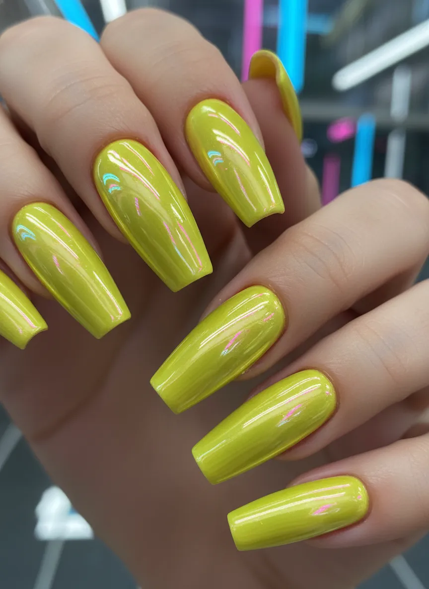 Cyber-punk chrome Neon Yellow Nails