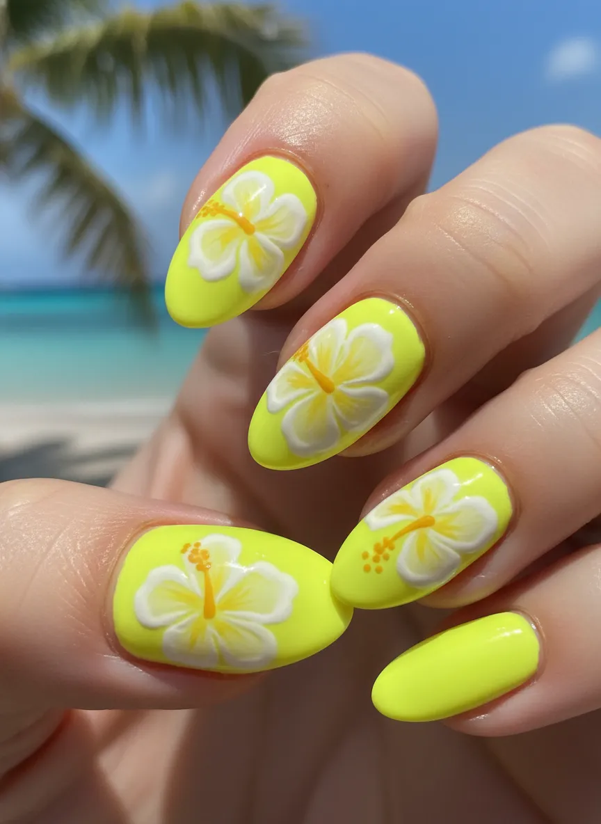 Tropical floral art on Neon Yellow Nails