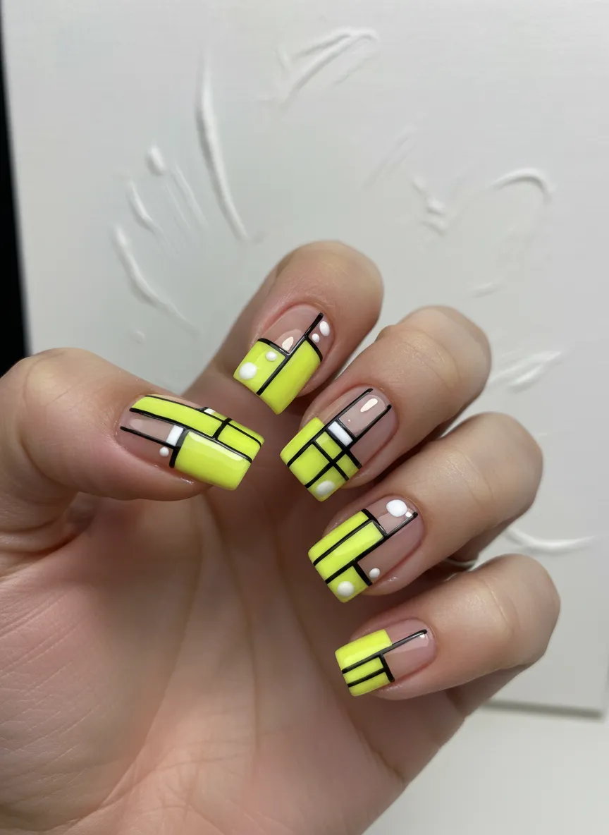 Geometric pattern on Neon Yellow Nails