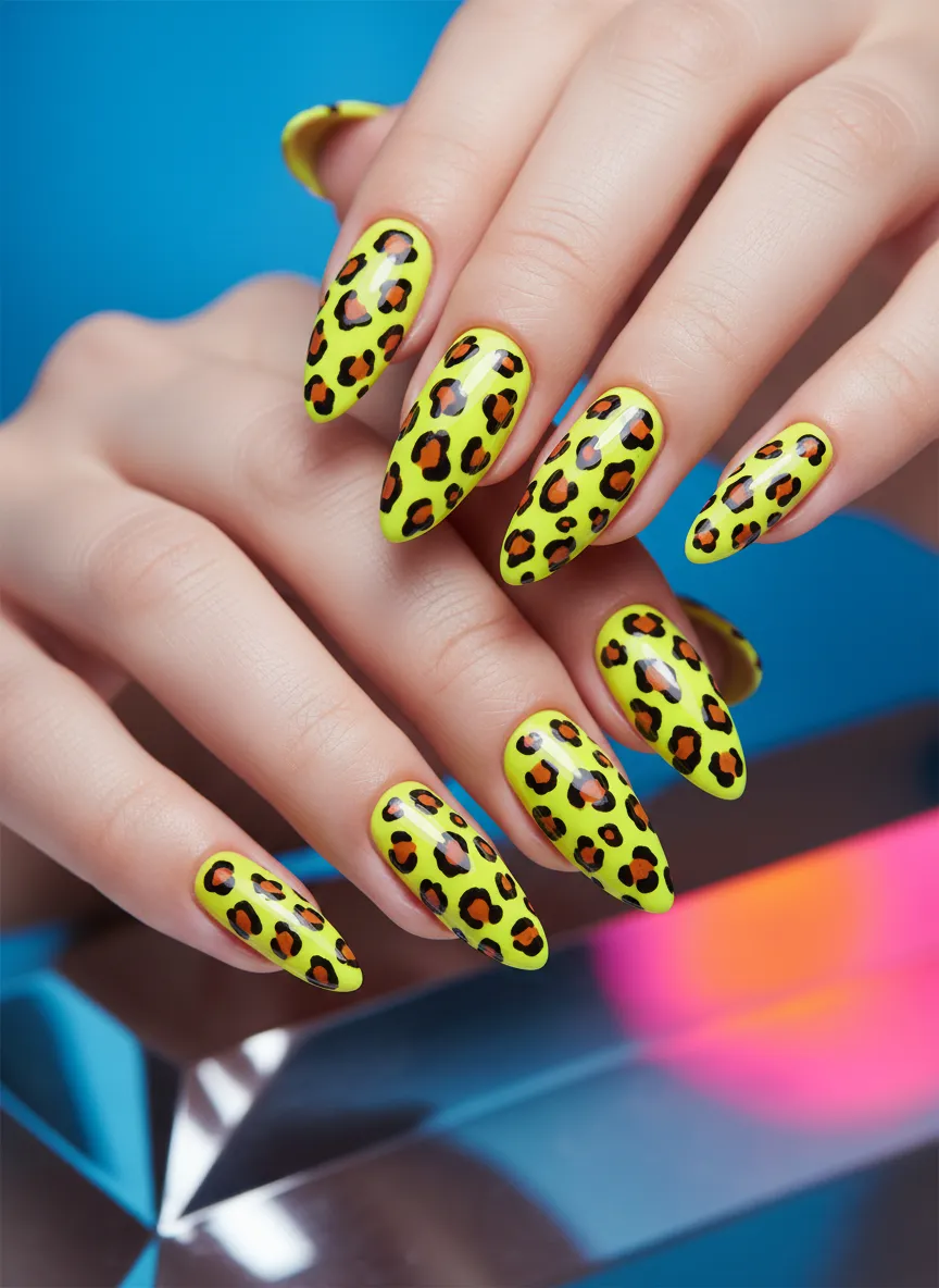 Neon Yellow Nails with leopard print