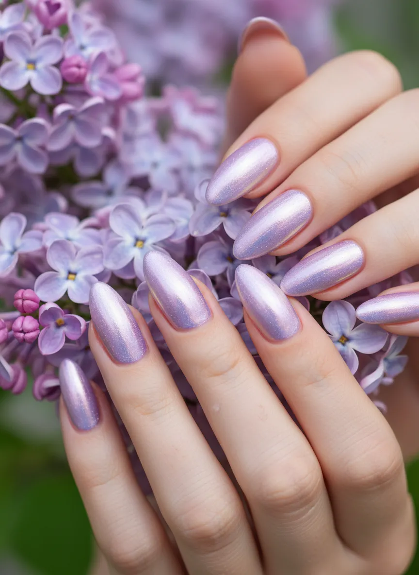 Elegant lavender chrome Spring Nails 2026 on almond shaped nails.