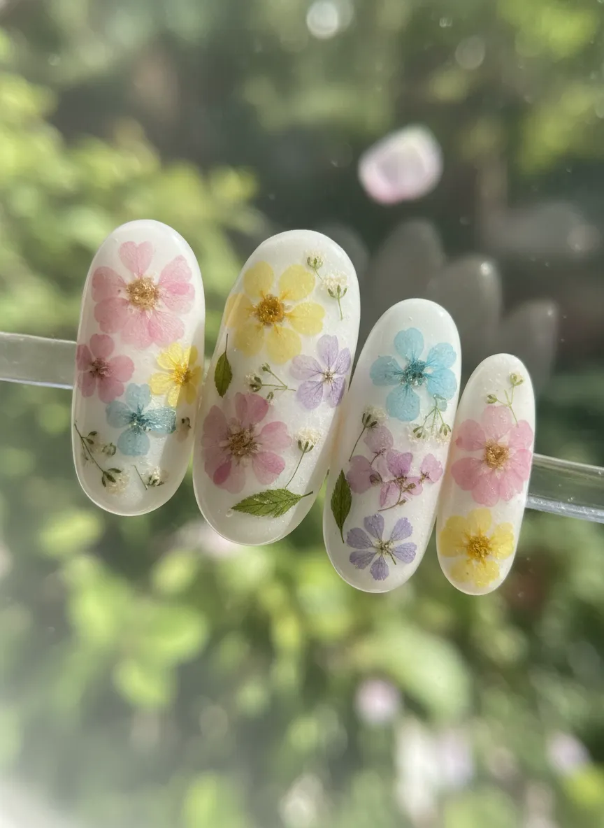 Hyper-realistic dried floral encapsulation for Spring Nails 2026.