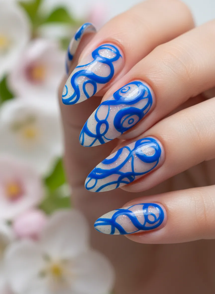 Electric cobalt blue swirl art for Spring Nails 2026.