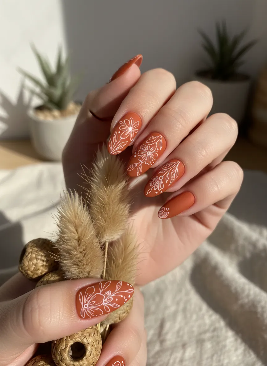 Matte terracotta floral art for Spring Nails 2026.