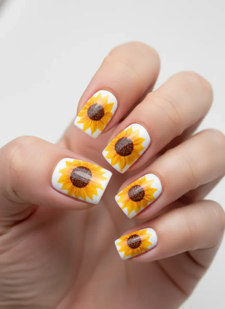 Classic yellow sunflower nail art designs on a white base