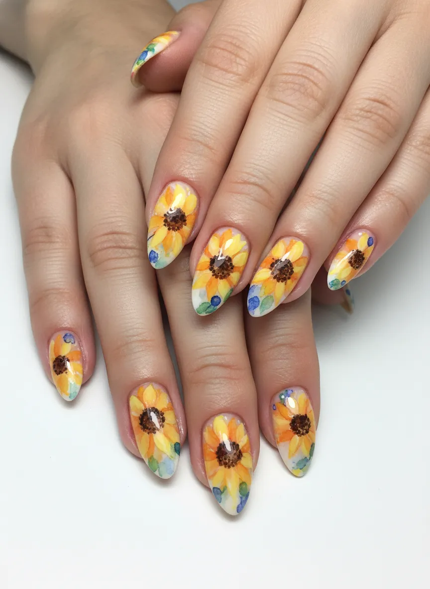 Soft watercolor sunflower nail art designs on a white base