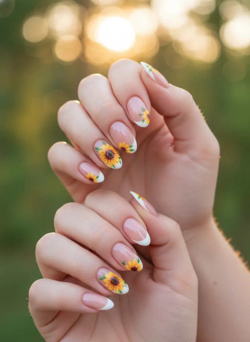 Sunflower nail art designs on French tips for a modern look