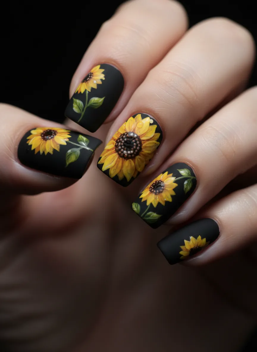 Bold sunflower nail art designs on a matte black base