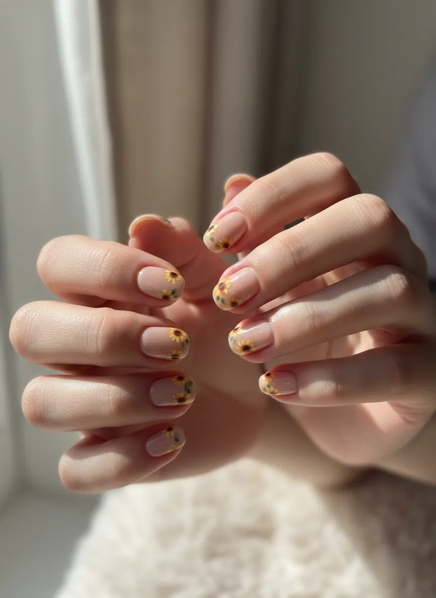 Dainty minimalist sunflower nail art designs on nude polish