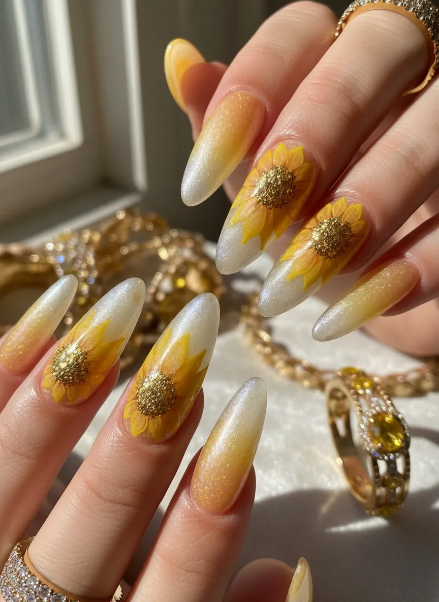 Sparkling sunflower nail art designs with gold glitter accents