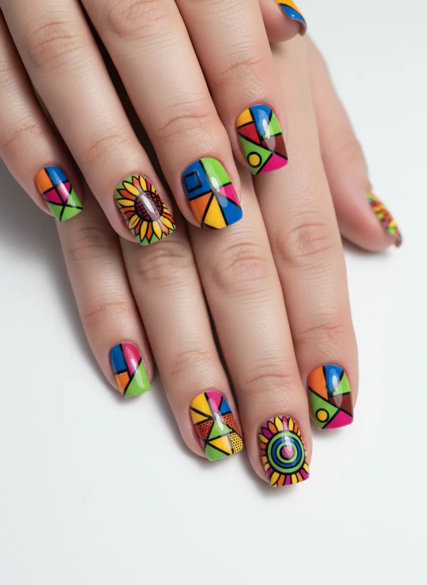 Abstract pop art sunflower nail art designs with bold outlines