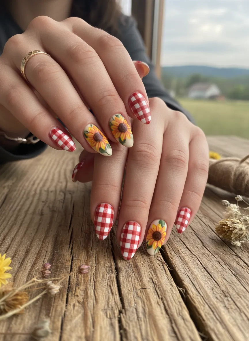 Rustic country style sunflower nail art designs with gingham patterns