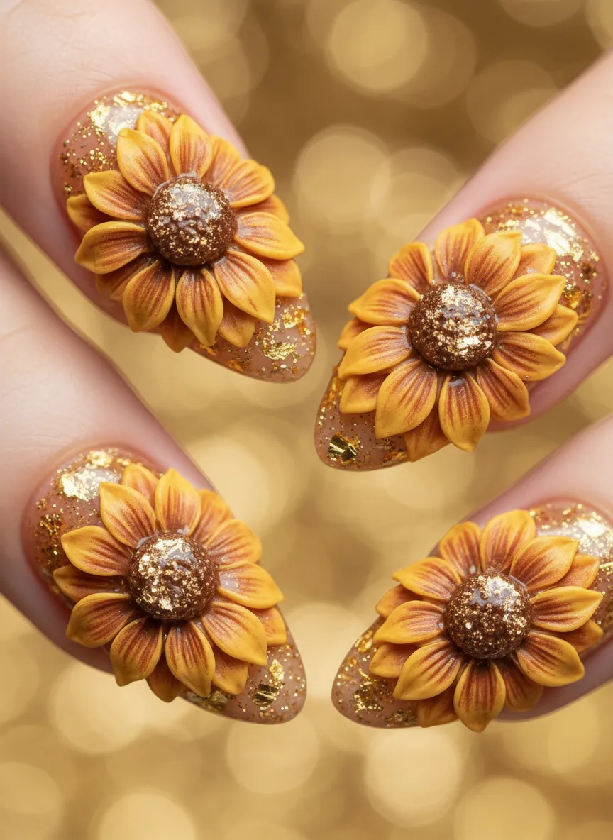 3D sculpted sunflower nail art designs for a textured look