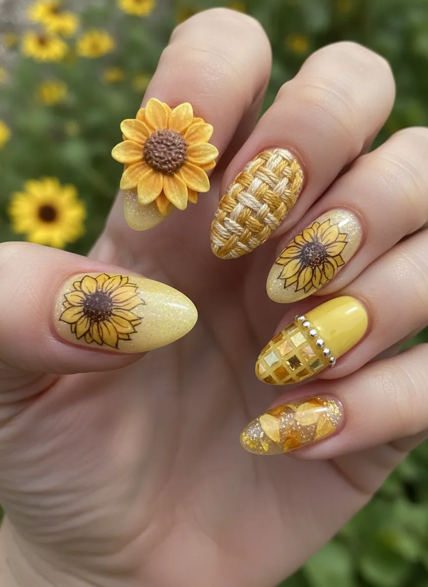 Mismatched eclectic sunflower nail art designs on one hand