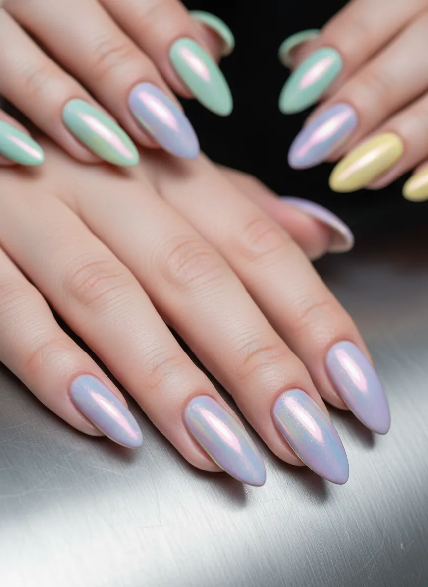 Chrome pearl spring pastel nail ideas