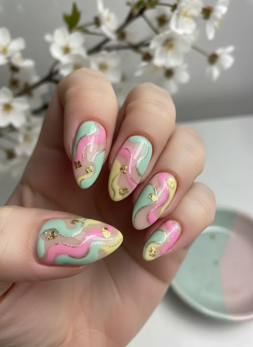 Abstract swirl spring pastel nail ideas