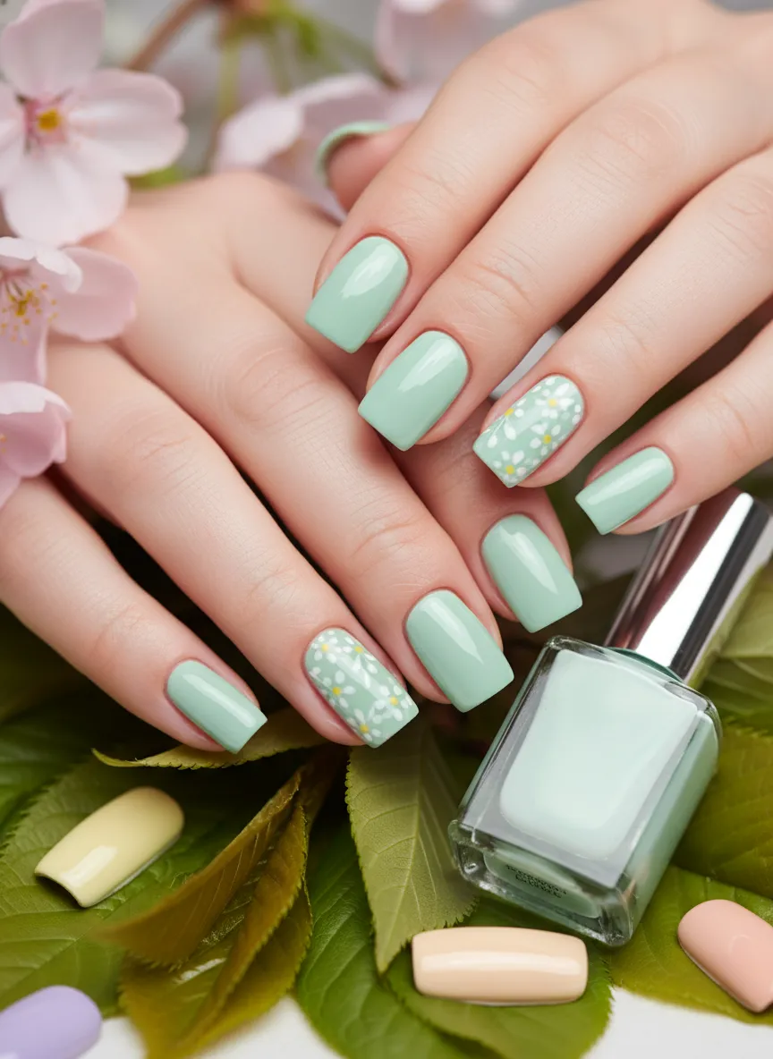 Fresh mint green spring pastel nail ideas