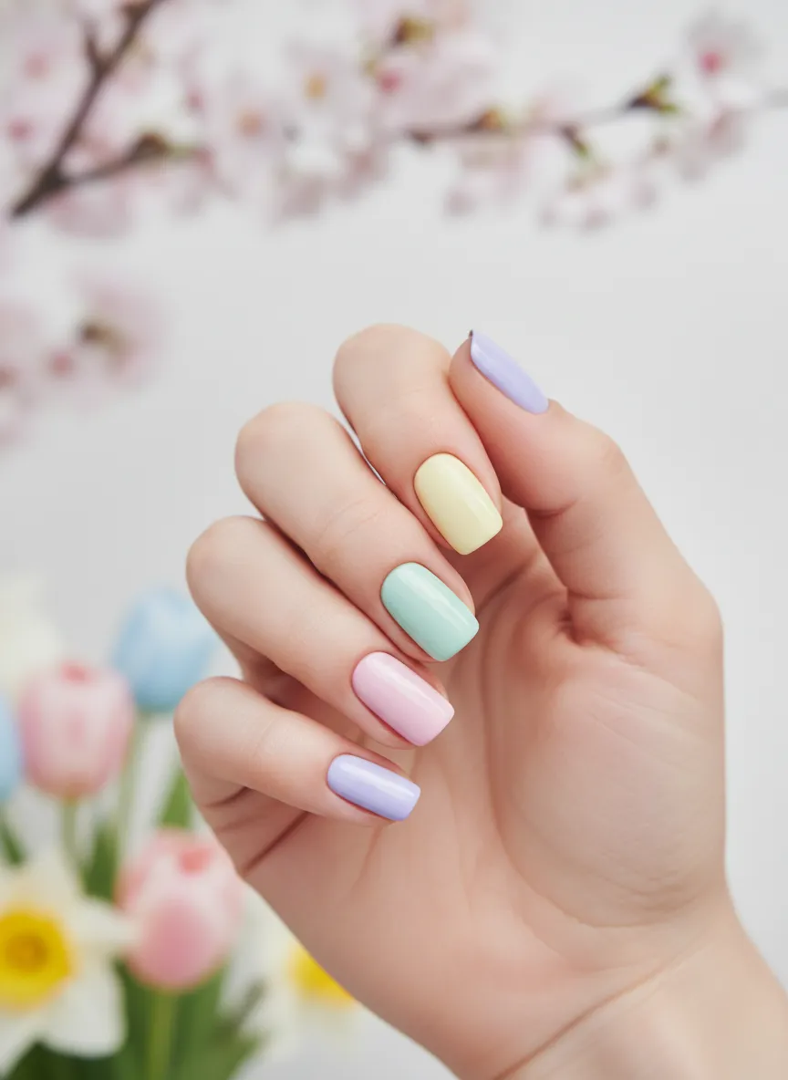 Multi-color pastel rainbow spring pastel nail ideas