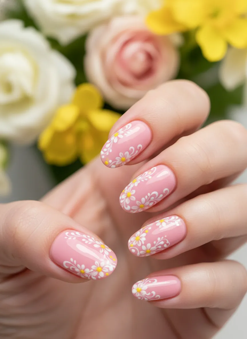 Floral accent spring pastel nail ideas