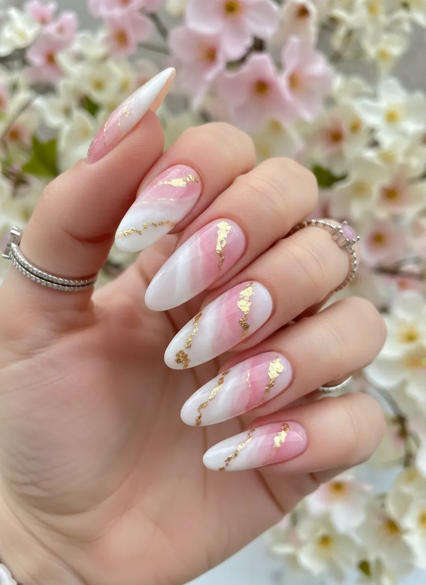 Rose quartz gemstone spring pastel nail ideas