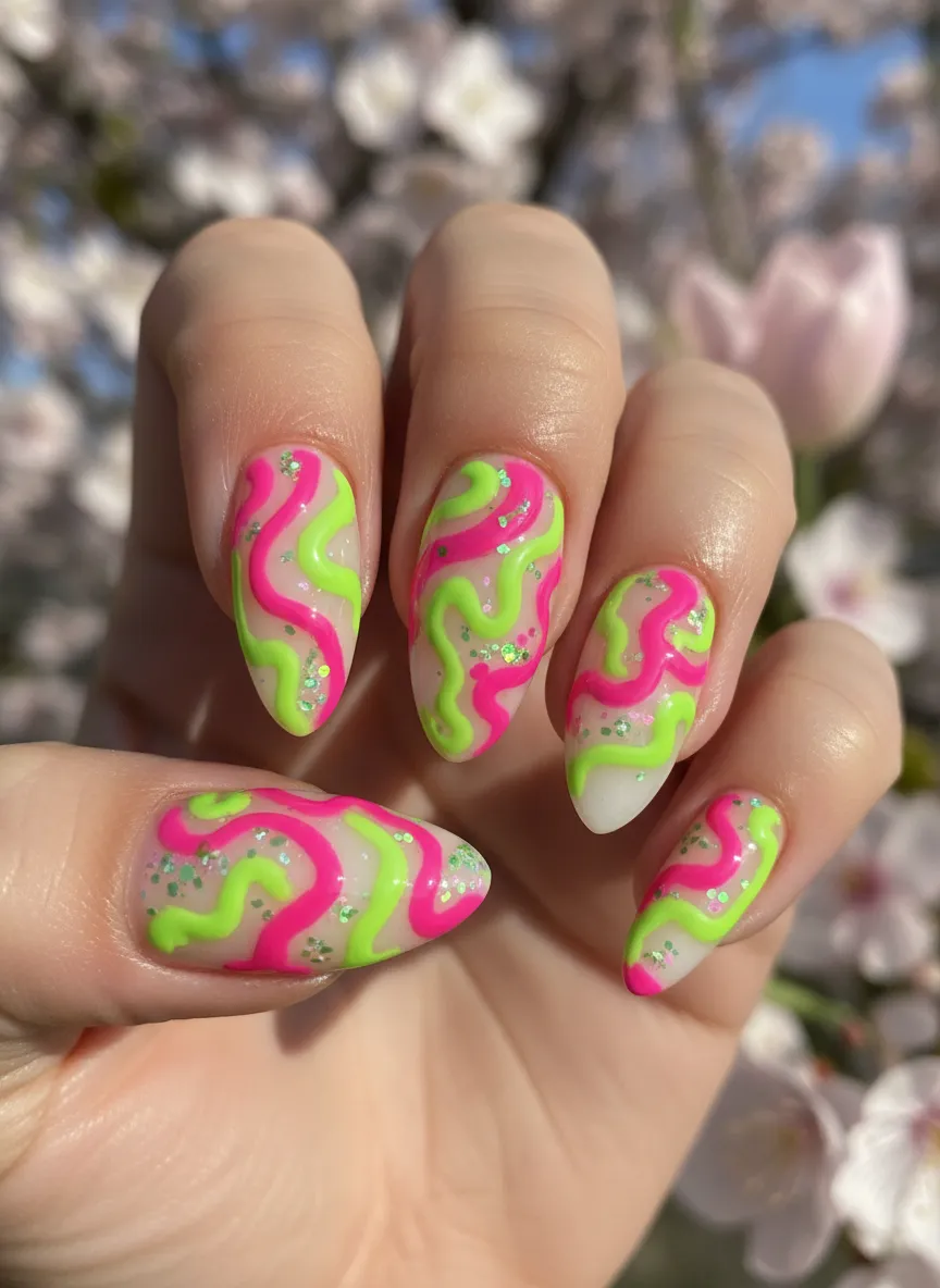 Abstract neon accent April nails ideas