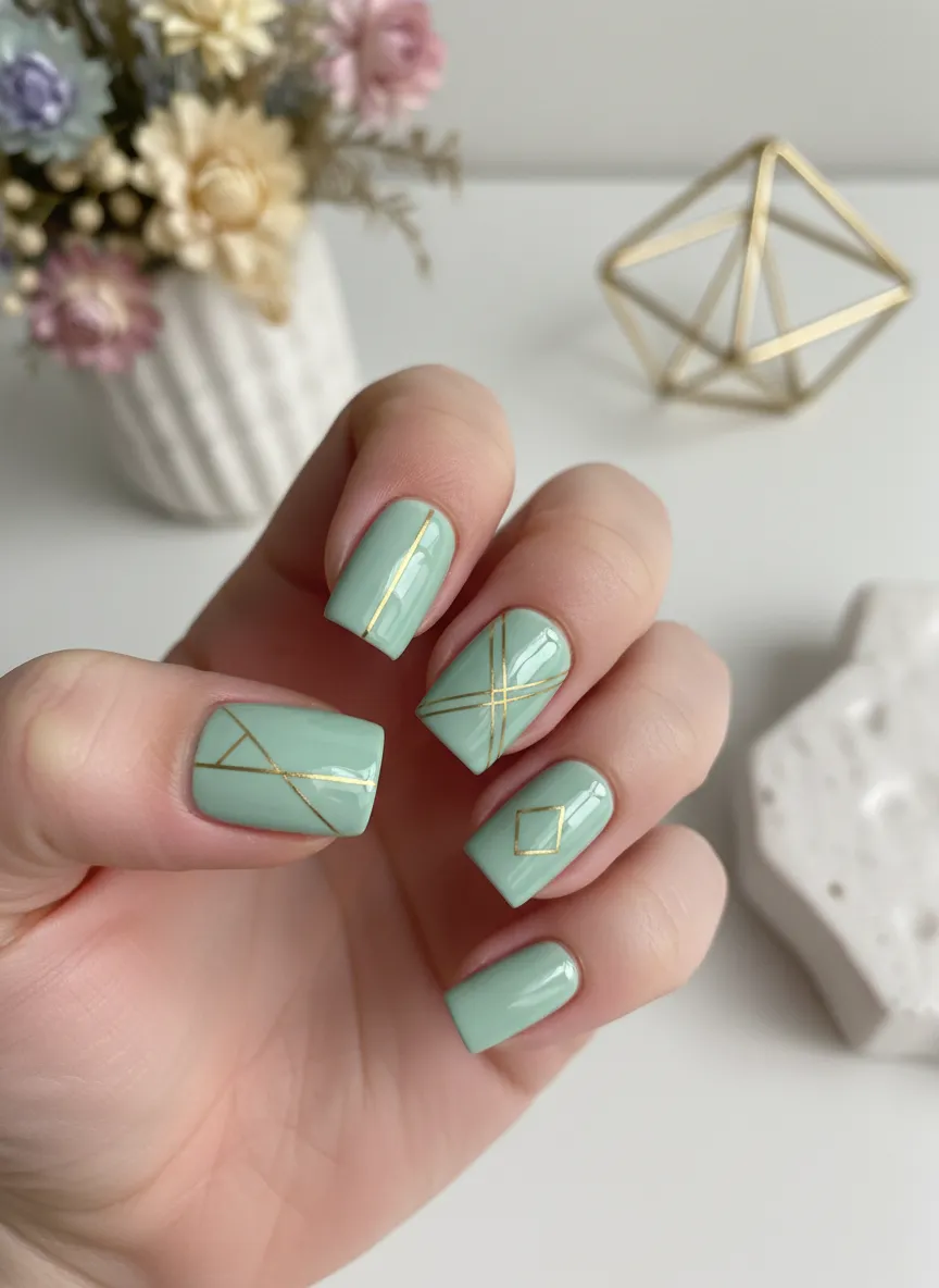 Mint green and gold April nails ideas