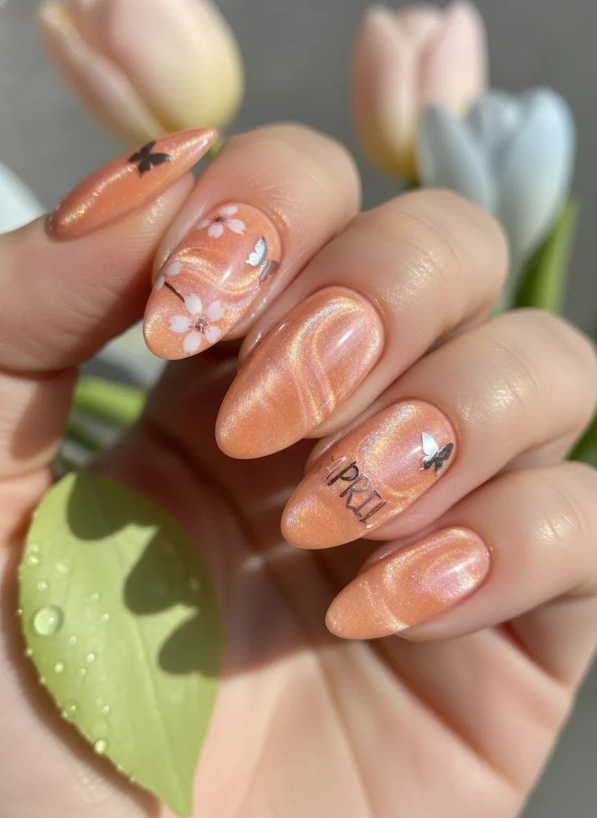 Peach velvet magnetic April nails ideas