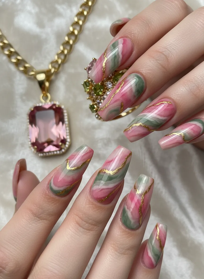Luxury abstract watermelon quartz Spring Nail Design 2026