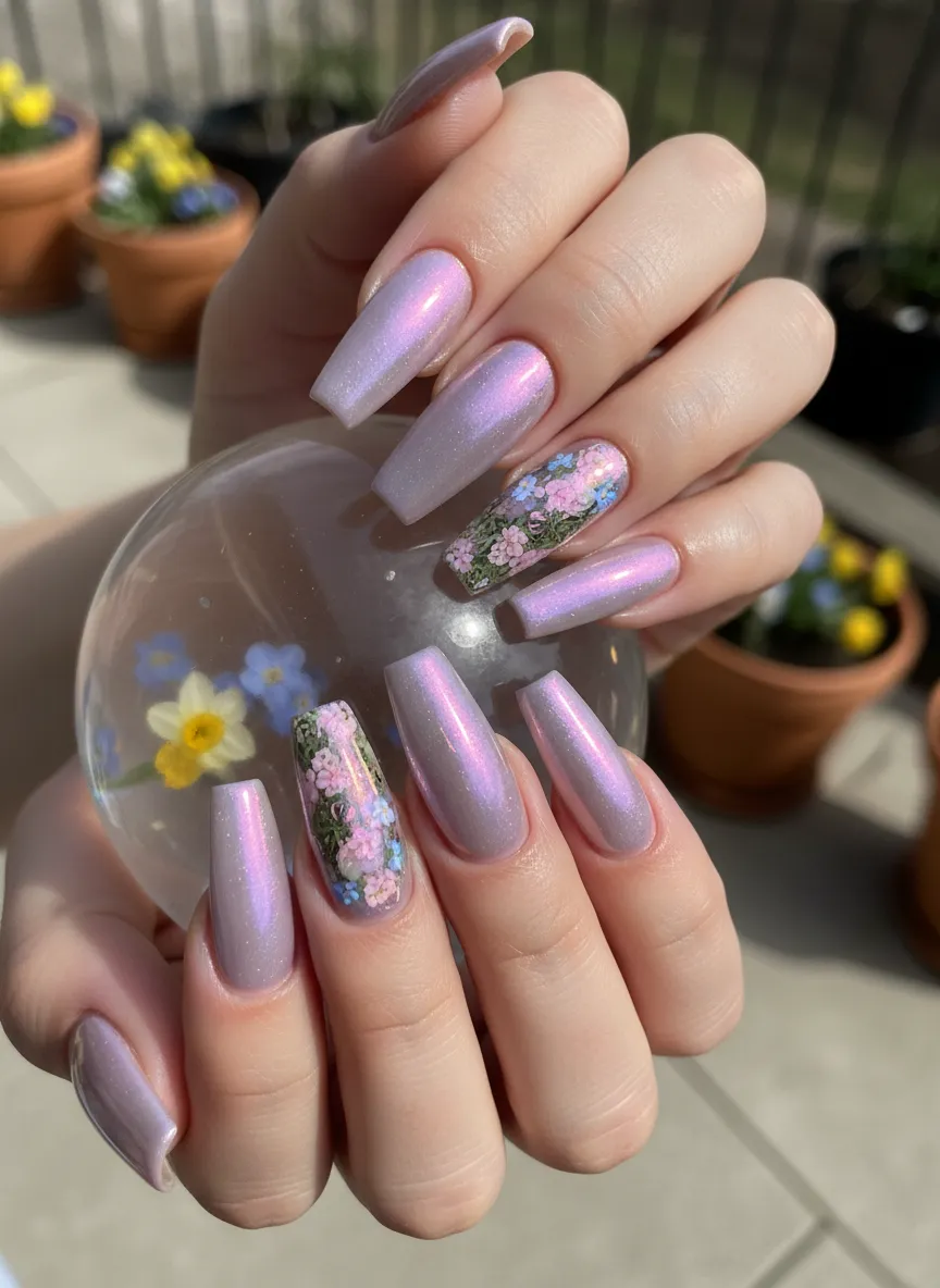 Futuristic digital lavender chrome Spring Nail Design 2026