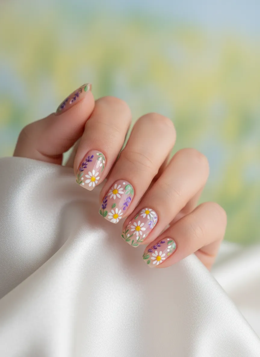 Intricate micro-floral meadow Spring Nail Design 2026