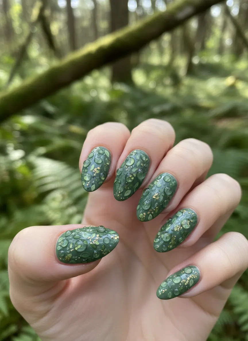 Textured biophilic green Spring Nail Design 2026 with dewdrops
