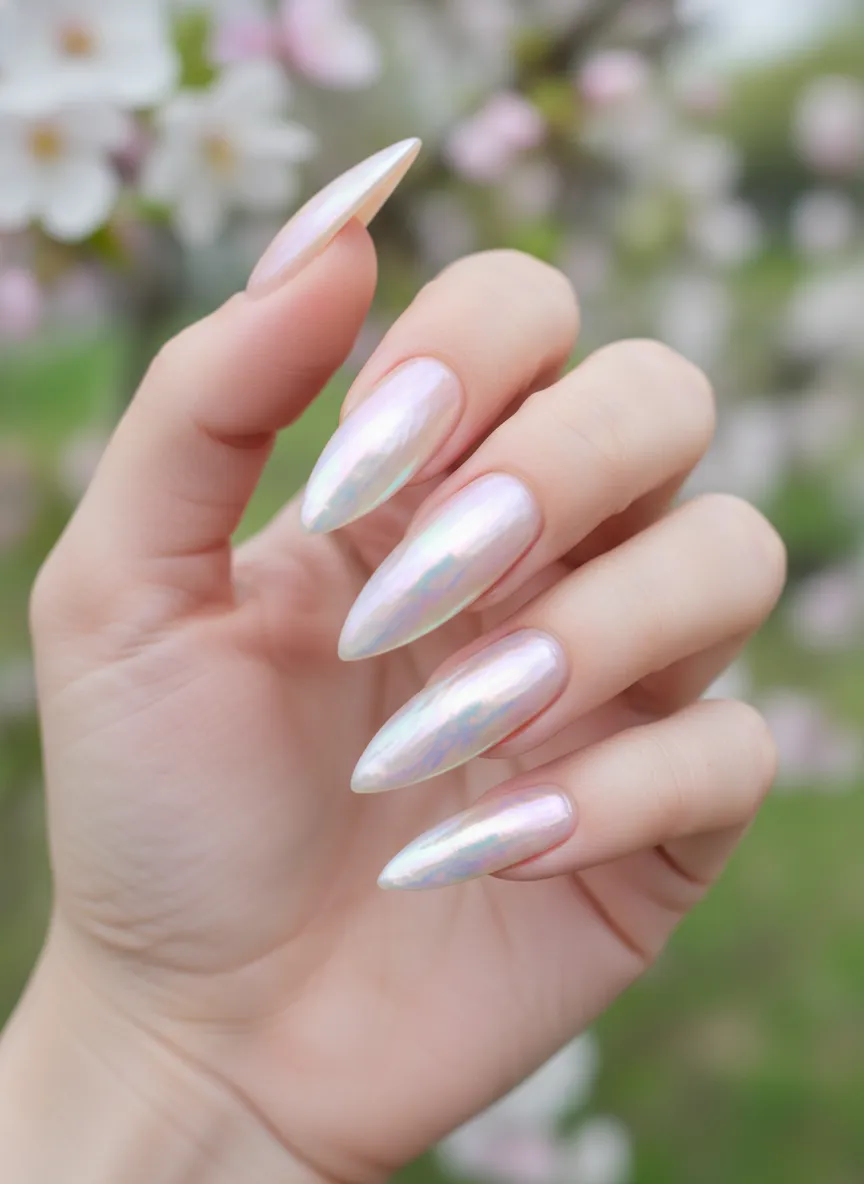 Shimmering iridescent pearl glaze Spring Nail Design 2026