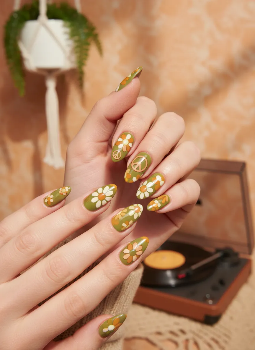 Retro 70s floral revival Spring Nail Design 2026
