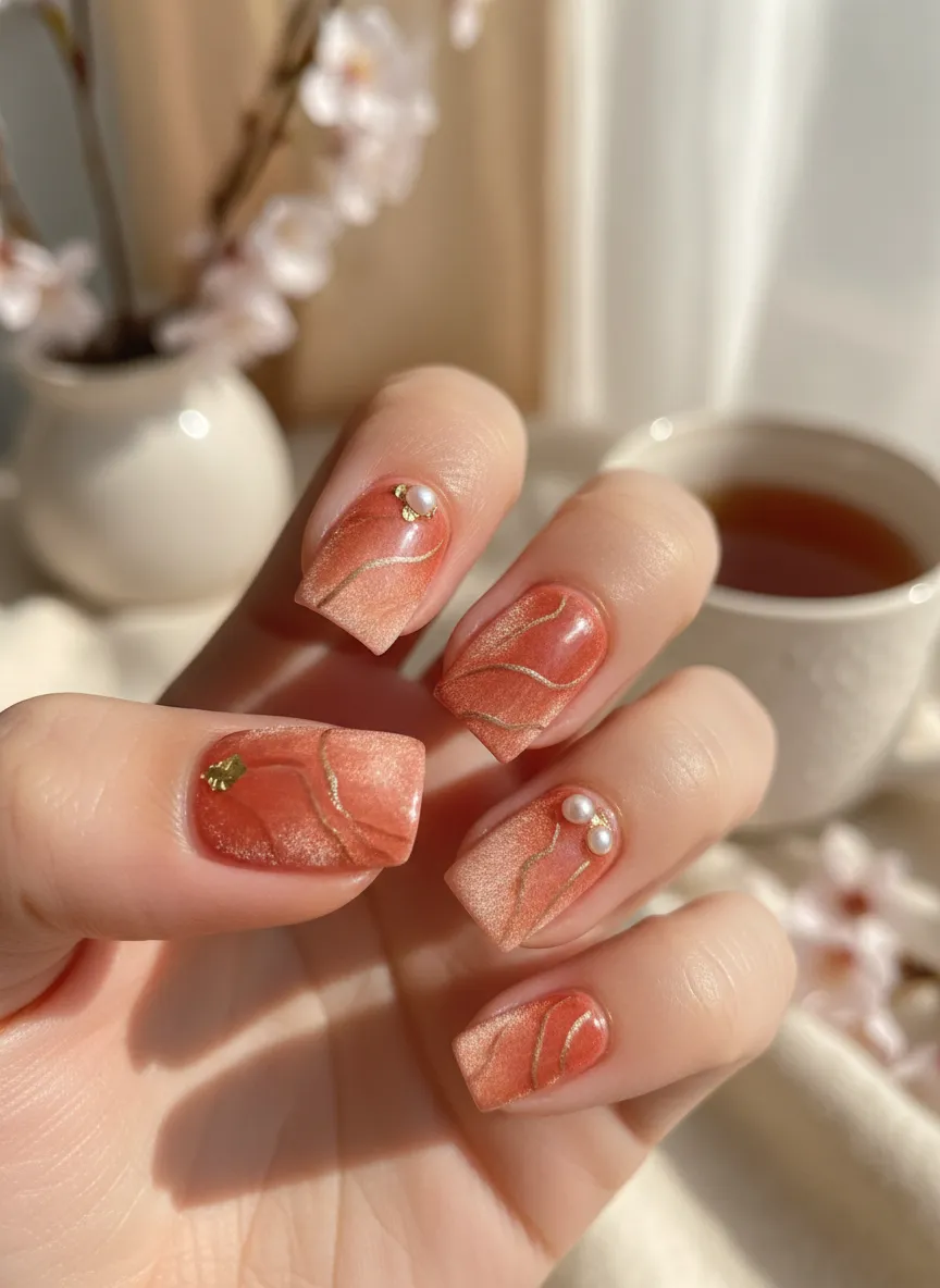 Warm peach fuzz and terracotta Spring Nail Design 2026