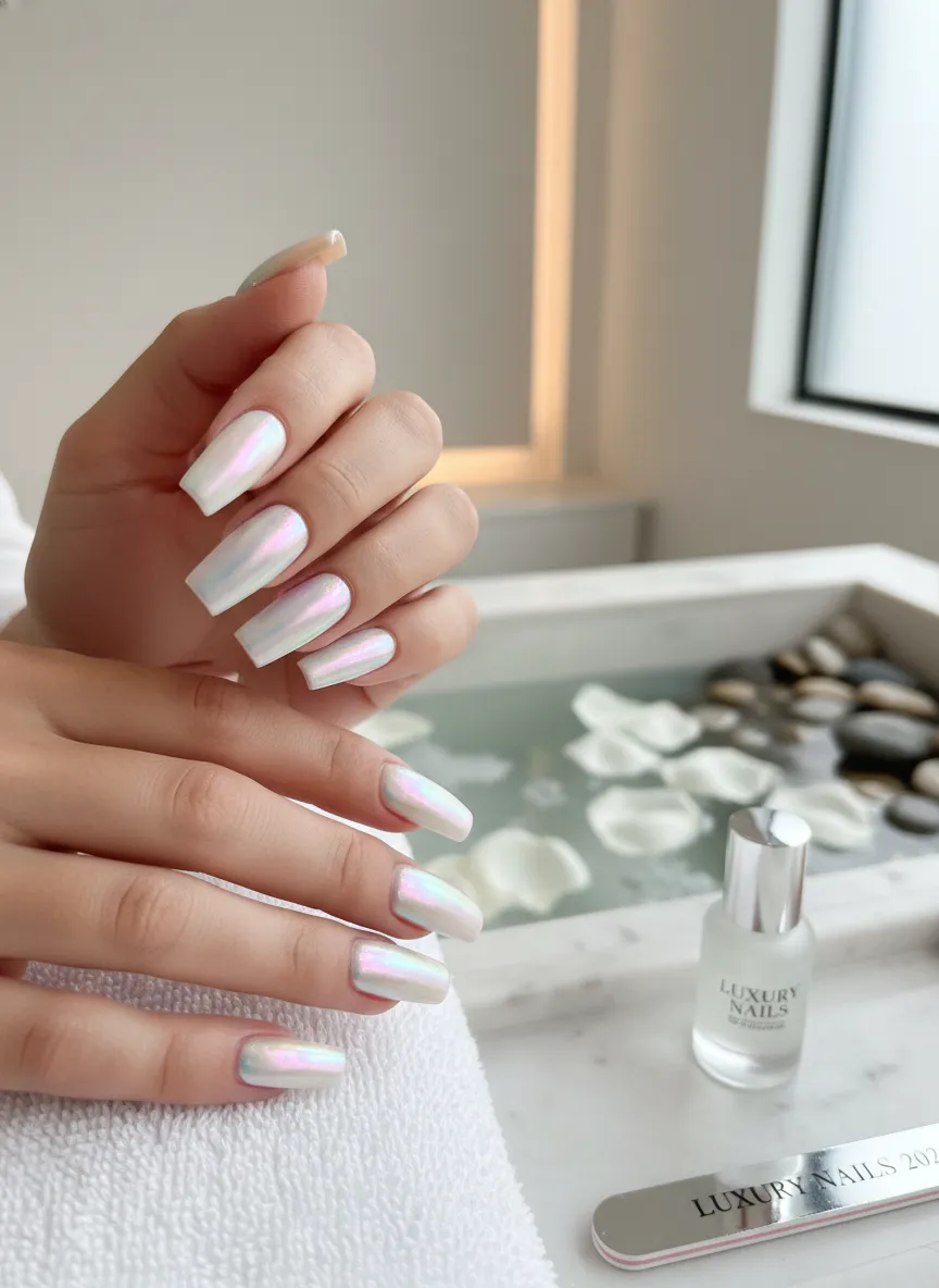 Ethereal iridescent pearl sheen easy simple nails 2026.