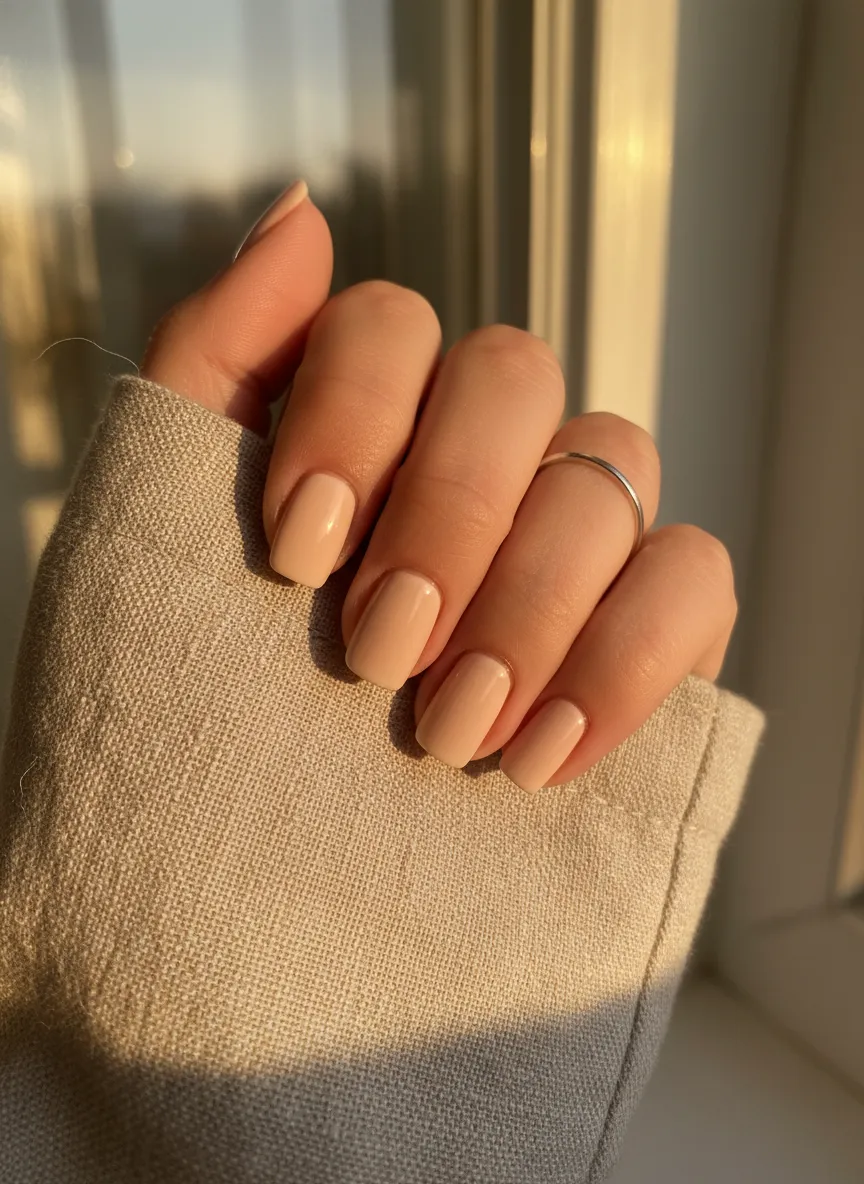 Soft peach fuzz cream colored easy simple nails 2026.