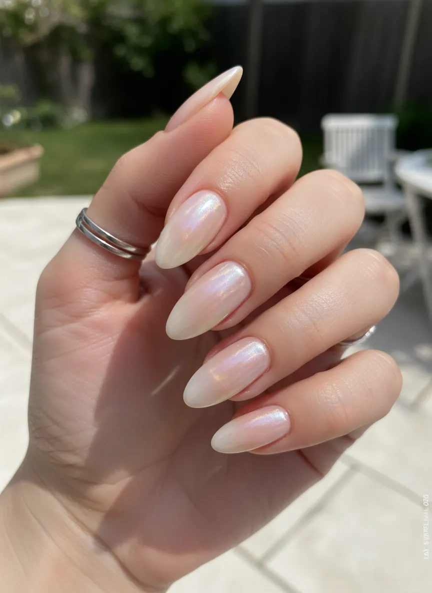 Subtle nude chrome glaze on easy simple nails 2026.