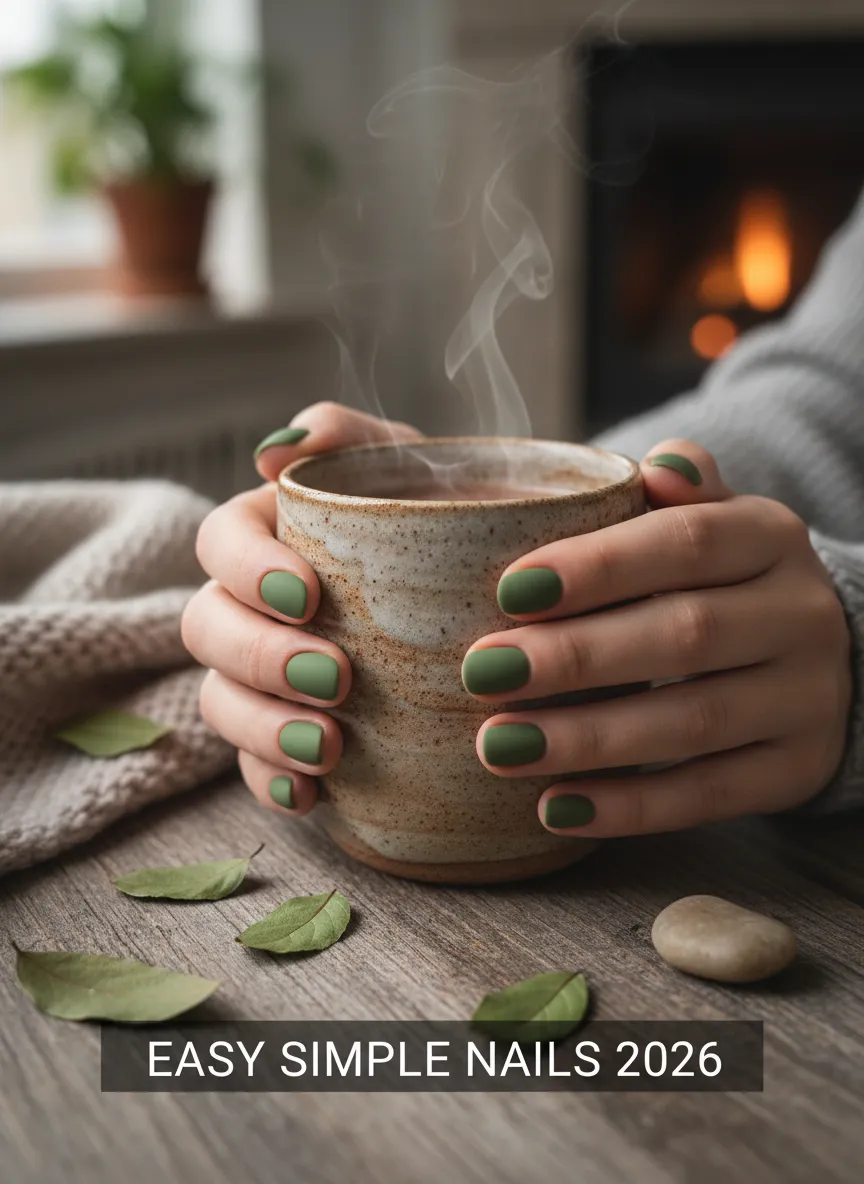 Matte matcha green easy simple nails 2026 for a natural look.