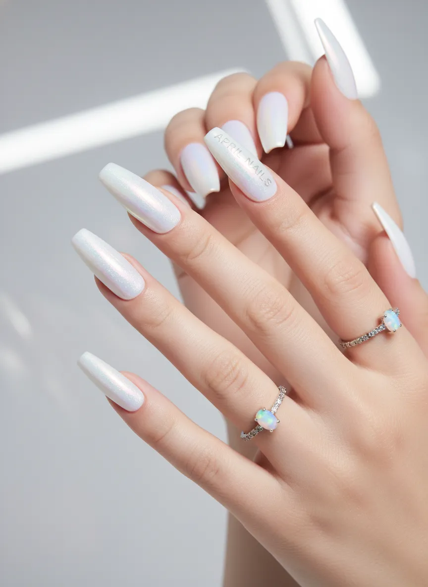 Pearlescent chrome April Nails with iridescent glow