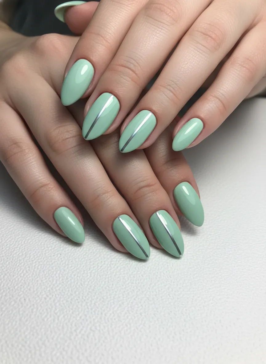 Mint green minimalist April Nails with line art