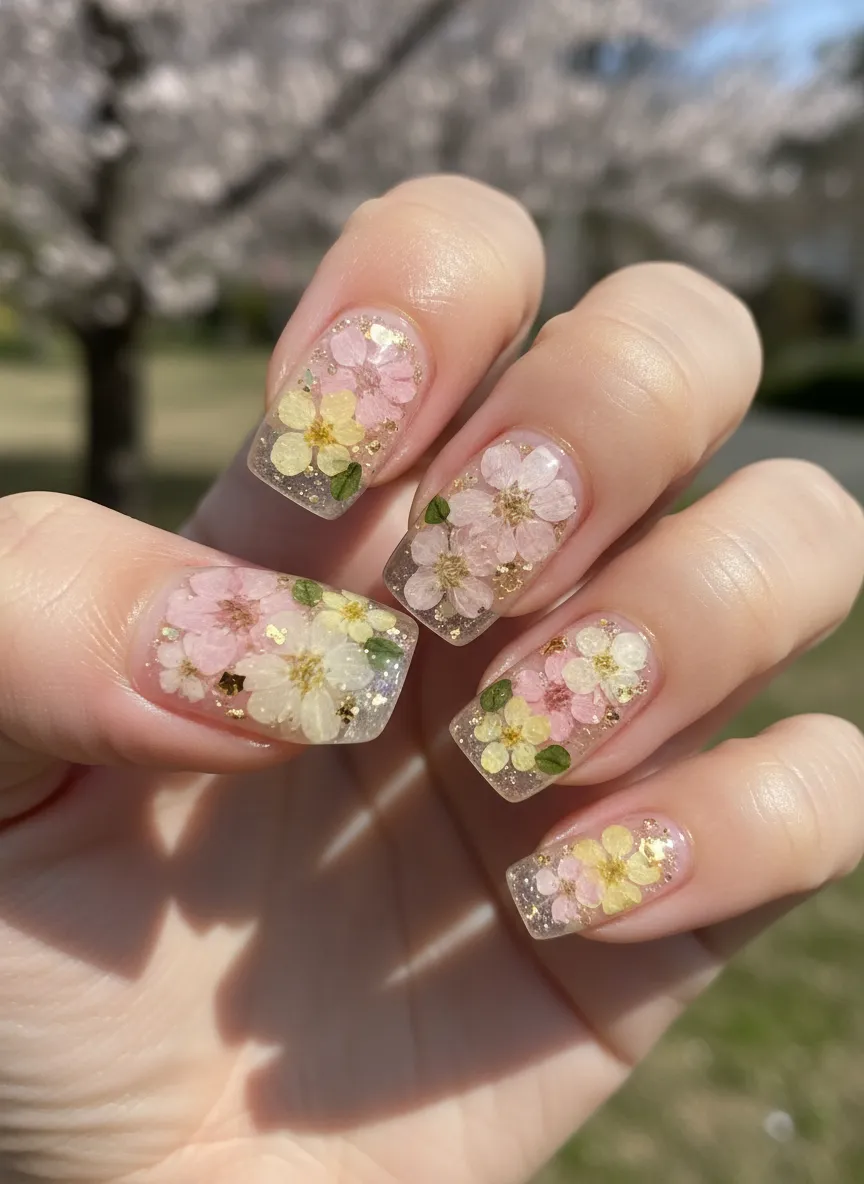 Pressed flower encapsulated April Nails design