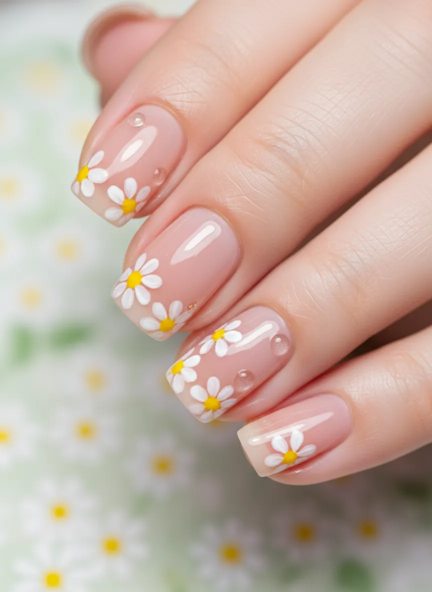 Daisy floral art on April Nails with a nude base